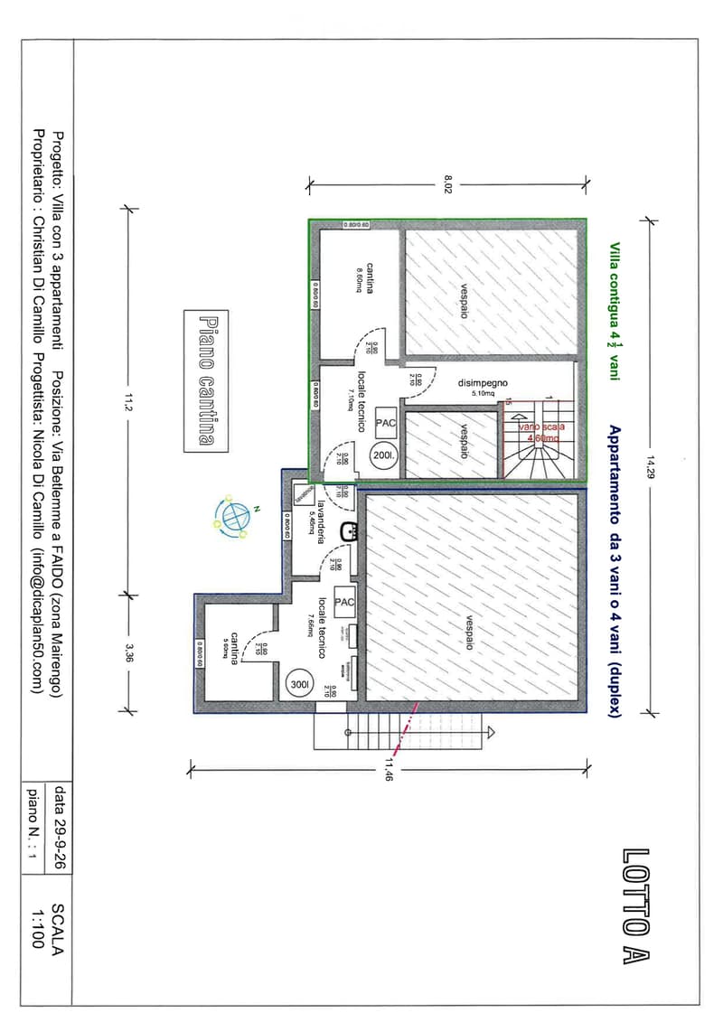 Floor plan of a villa with three apartments, including a duplex layout with four rooms, technical areas, and staircases.