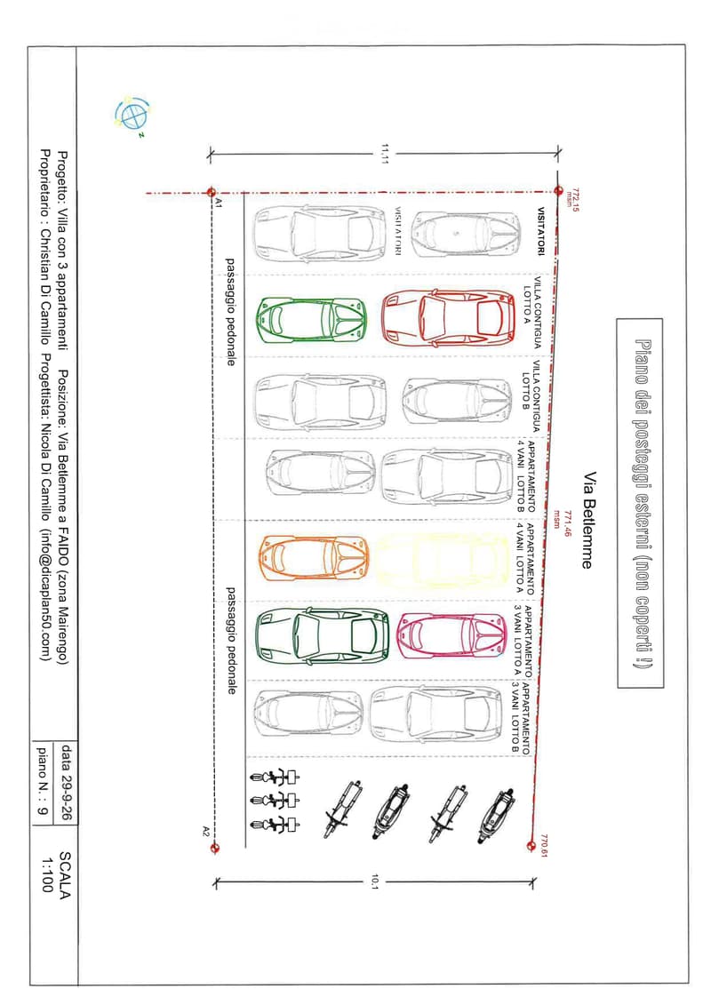 Floor plan of an apartment complex showing parking spaces for cars and boats, pedestrian pathways, and apartment lots labeled A, B, and C.