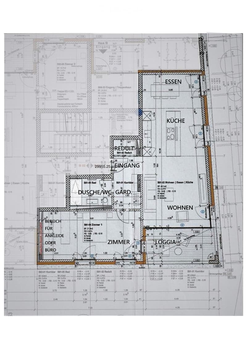 Floor plan of a residential unit showing rooms labeled: Essen (dining), Küche (kitchen), Reduit (storage), Garderobe (hallway), Badezimmer/WC (bathroom), Wohnen (living), Loggia, and Zimmer (bedroom).
