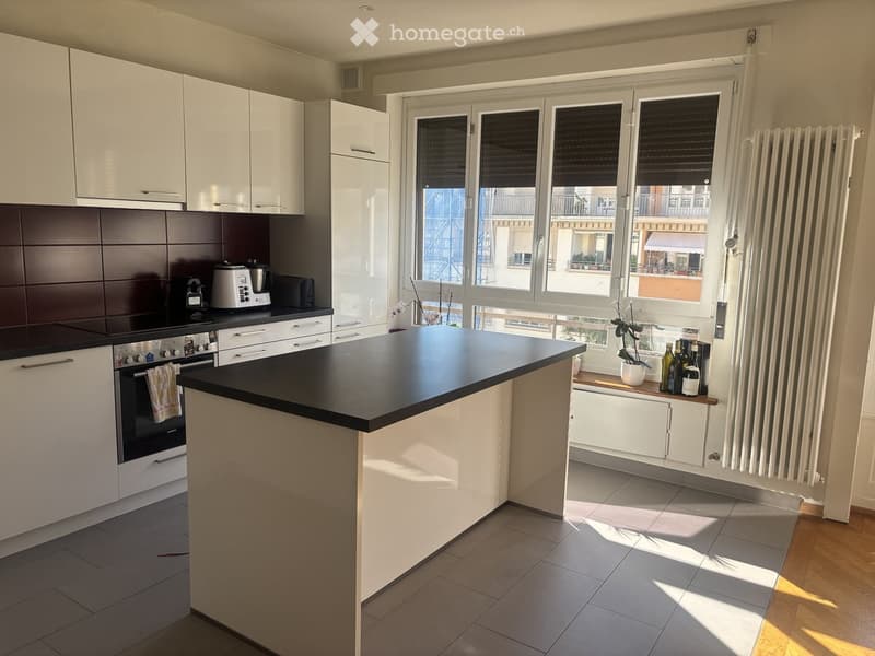 Modern kitchen with white cabinets, black countertops, and stainless steel appliances. Features an island, large windows with blinds, and a radiator below the windows.
