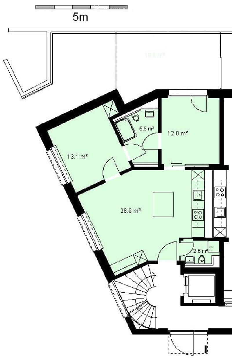 Floor plan of a residential unit showing a living room, kitchen, bedroom, and bathroom with labeled dimensions.