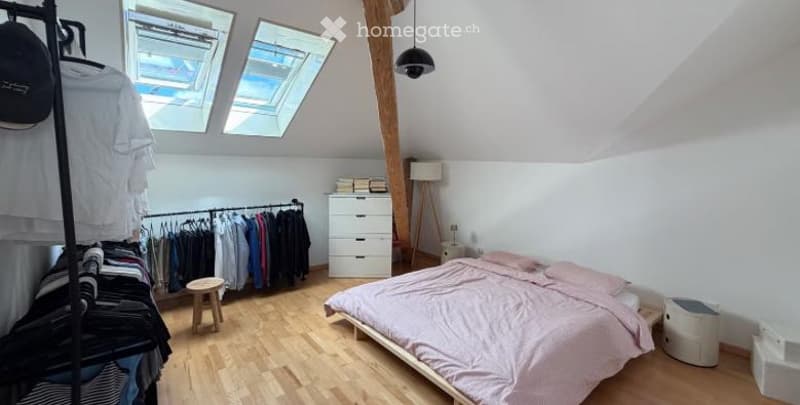 Bright attic bedroom with wooden flooring, slanted ceilings, skylights, a bed with pink bedding, a wardrobe with hanging clothes, a small stool, and a lamp near the window.