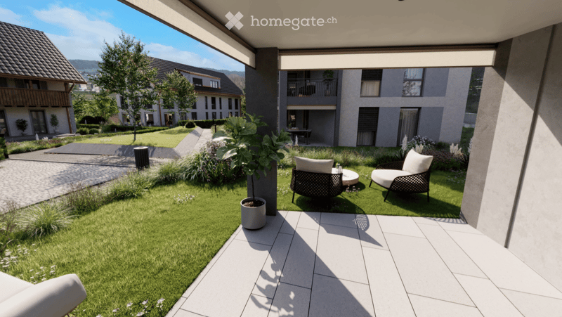 Well-maintained garden area with green grass, potted plants, lounge chairs, and a small table, surrounded by modern residential buildings.
