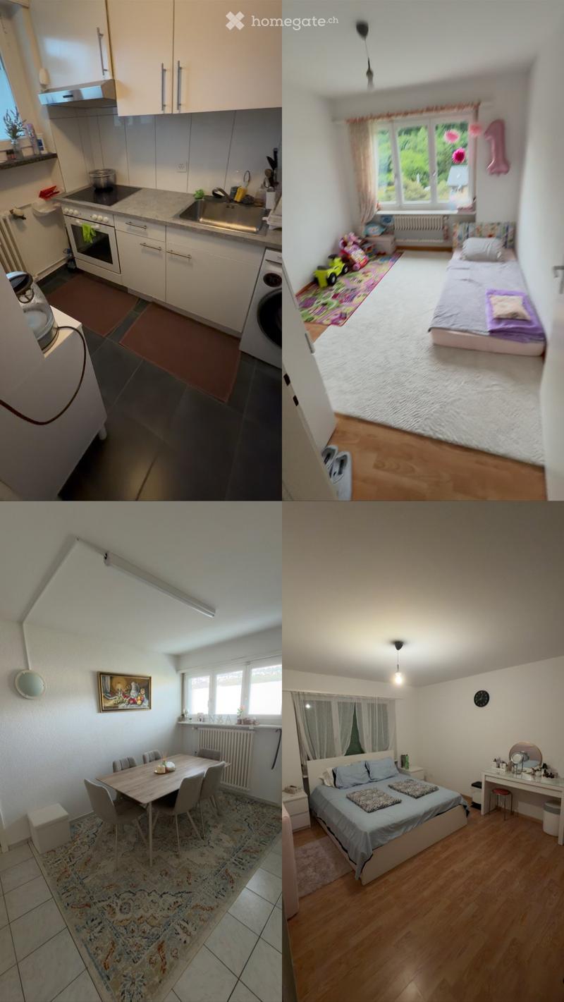 Four images showing a modern apartment with a kitchen, two bedrooms, and a dining area. The kitchen features white cabinets, stainless steel appliances, and a granite countertop. The first bedroom has a single bed, colorful rug, and toys. The dining area