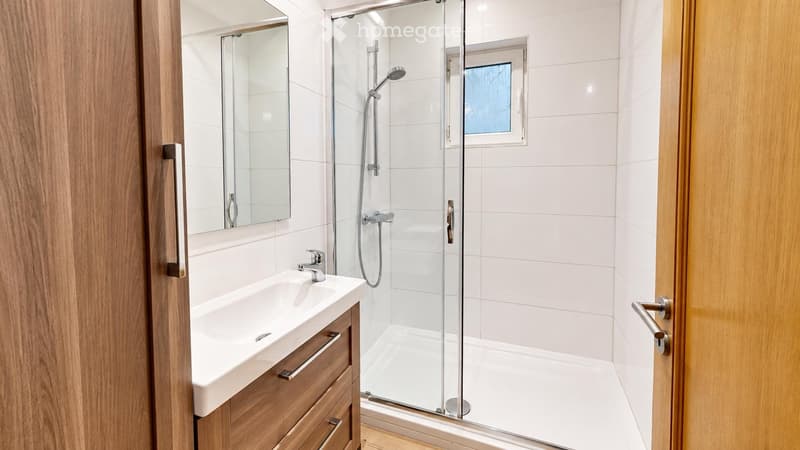 Modern bathroom with a white tiled shower enclosure, a sink with a wooden cabinet, and a mirror above it.