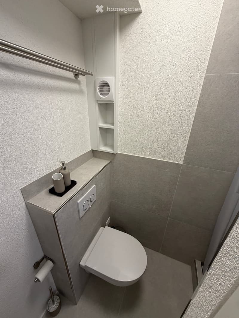 compact, modern bathroom with white walls, gray tiles, and fixtures