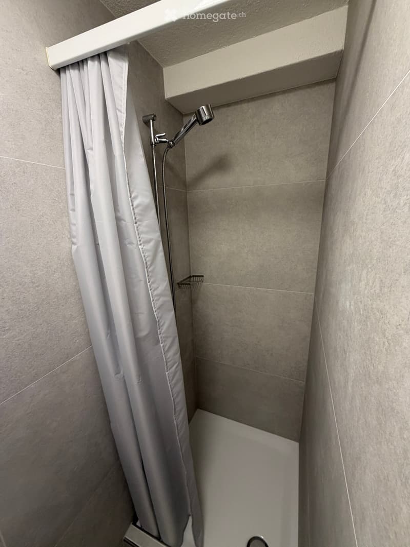 tiled walls, gray shower curtain, white shower, metal shower head, small corner
