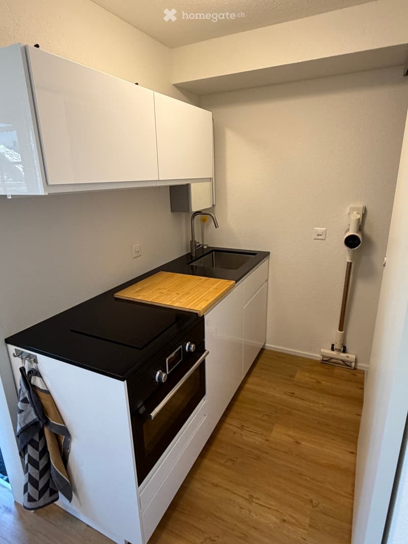 modern kitchen, white cabinets, black countertops, stainless steel sink, faucet, black oven and stove, wooden cutting board