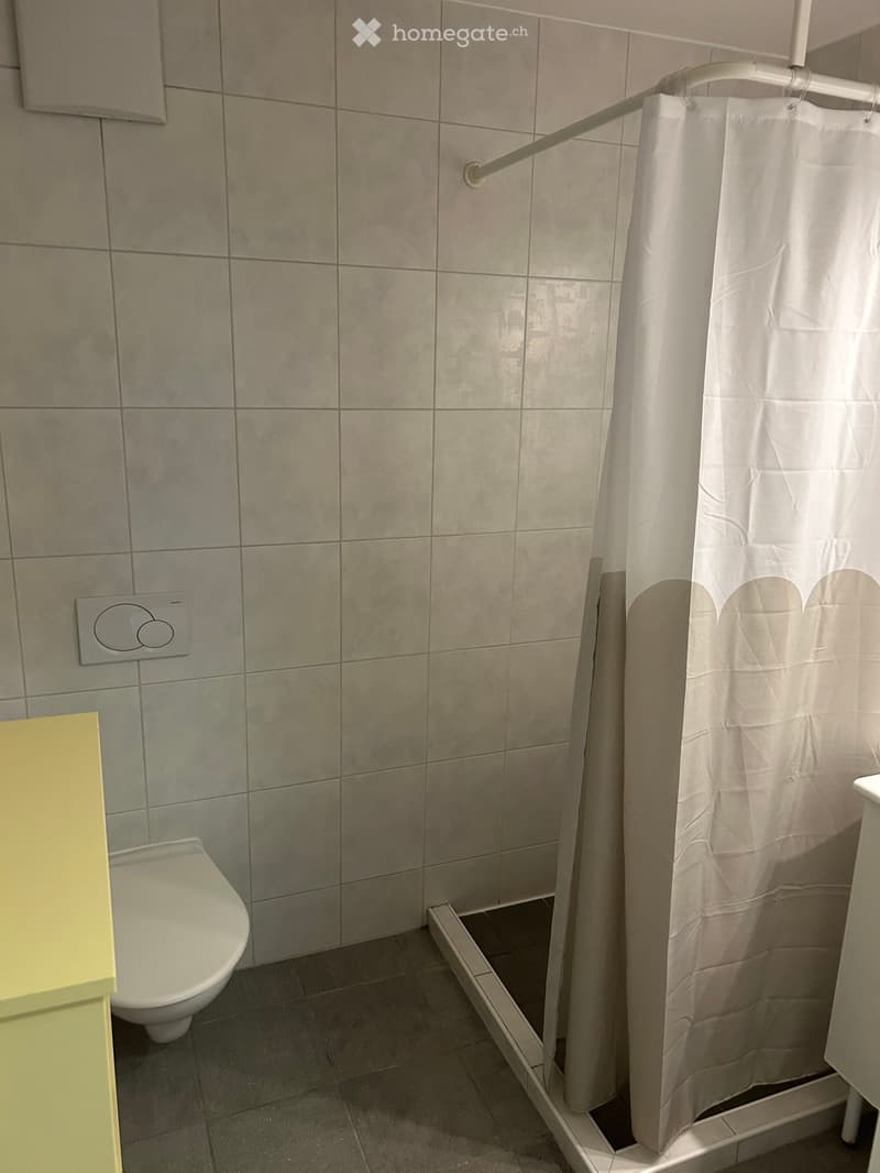 Bathroom with tiled walls, a toilet, and a shower area with a white curtain.