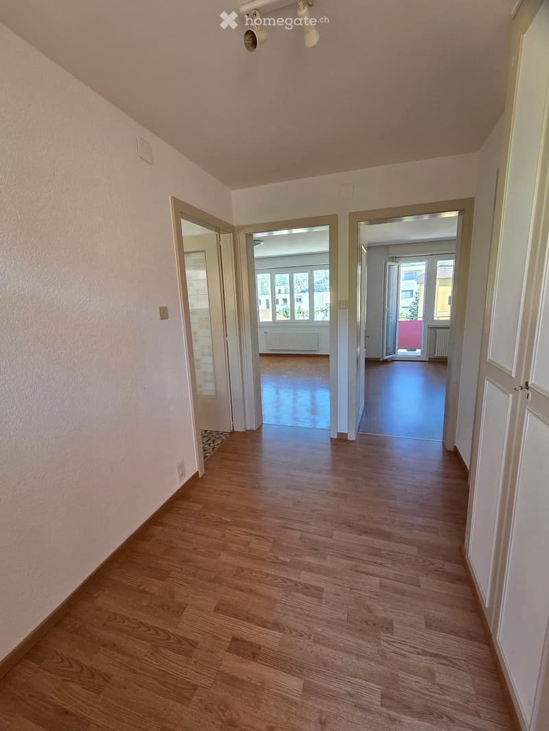 Empty hallway with wooden flooring, white walls, and multiple doors leading to other rooms.