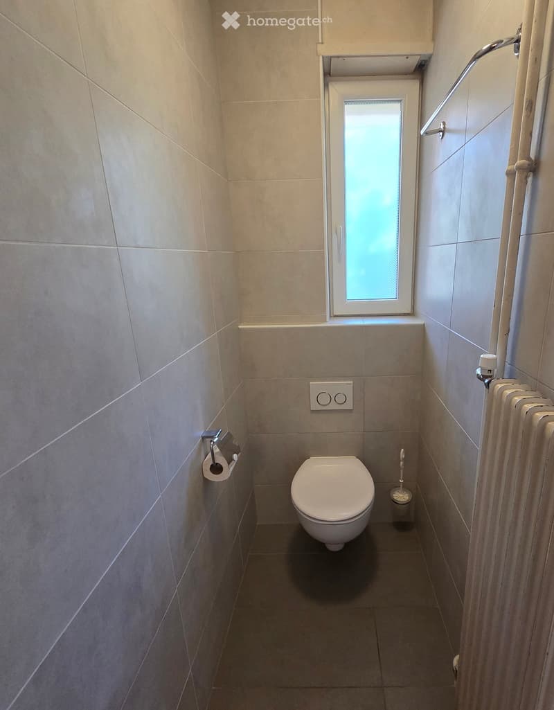 Small bathroom with a toilet, toilet paper holder, toothbrush holder, and a radiator. Light-colored tiled walls and a window above the toilet.