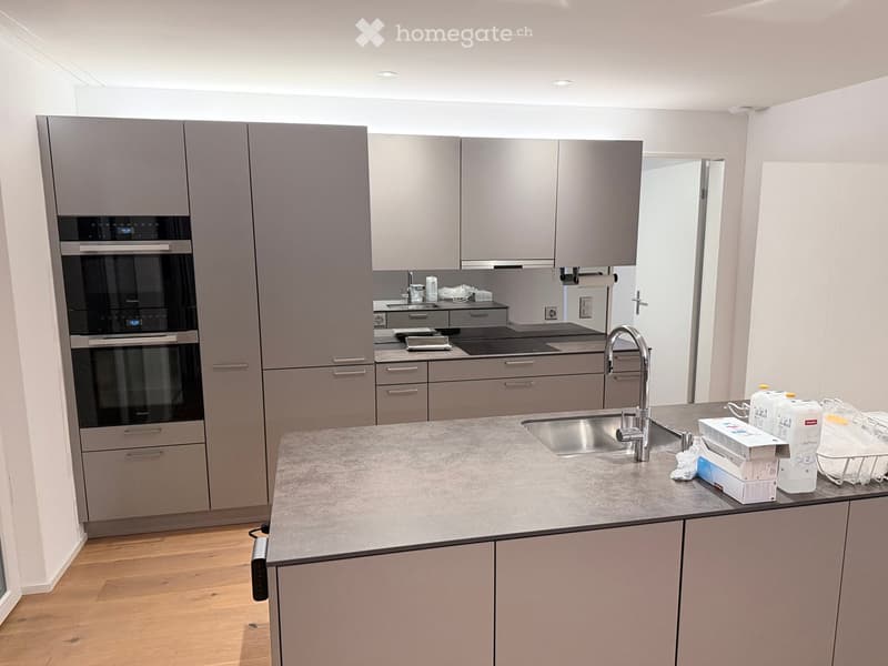 Modern kitchen with grey cabinets, stainless steel appliances, and a central island with a sink and faucet.