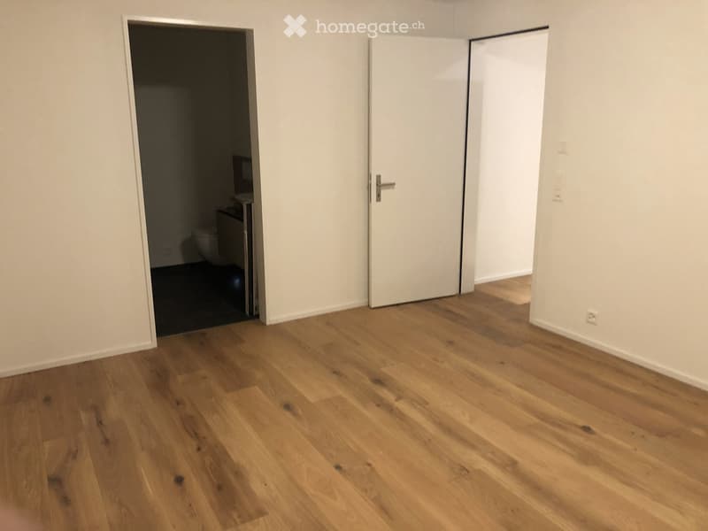 Empty room with light wooden flooring and white walls, featuring two closed doors leading to other spaces.