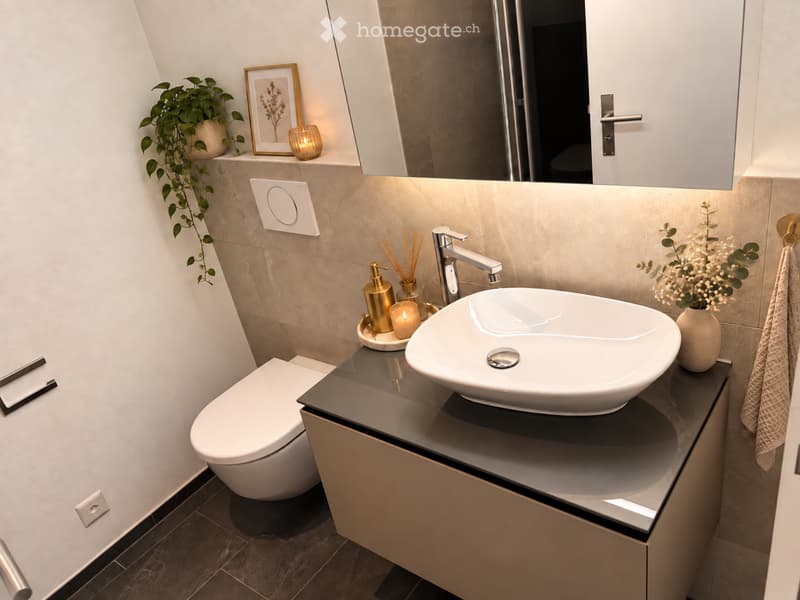 Modern bathroom with a white sink, sleek faucet, toilet, and a large mirror above the sink. The countertop holds decorative candles, a plant, and a small vase with flowers. A towel hangs on the side.