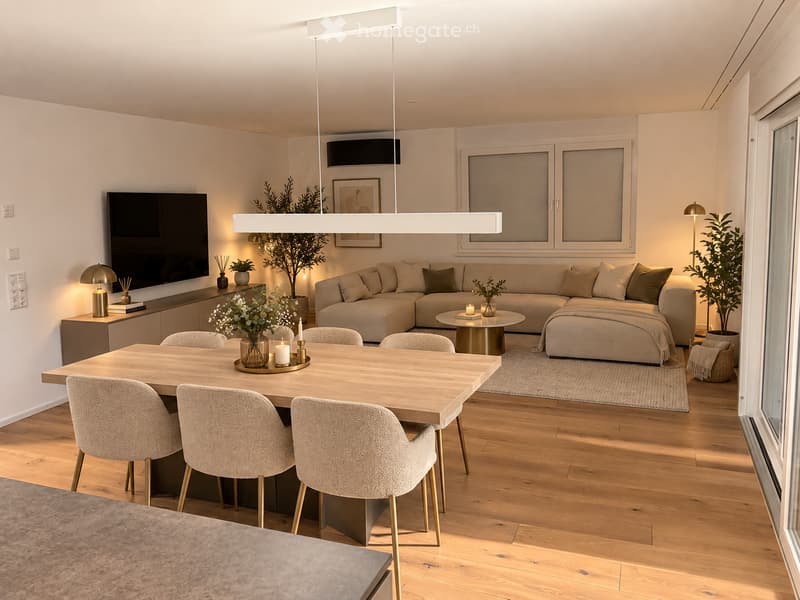 Modern living and dining area with a sectional sofa, coffee table, dining table with chairs, pendant lights, and decorative plants.