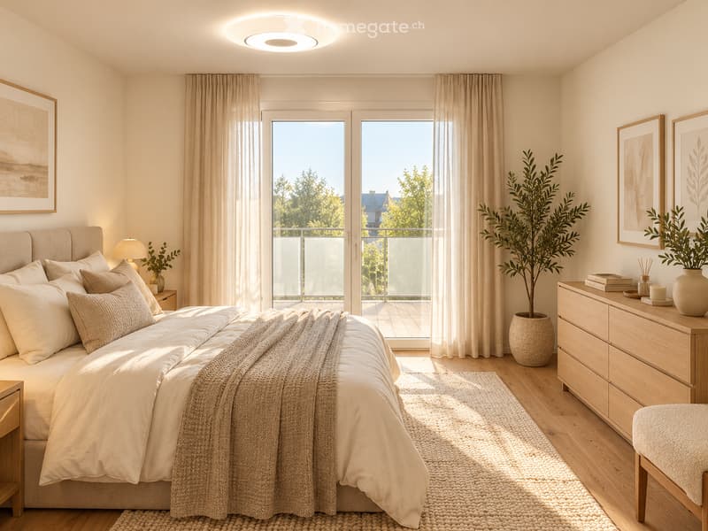 Modern bedroom with a large bed, nightstand, lamp, drawer, stool, rug, potted plants, and picture frames. Large windows with curtains lead to a balcony.