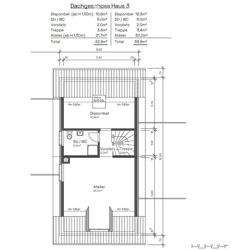 Floor plan of Dachgeschoss Haus 3 showing two units: one with 42.9m² total area including a 10.8m² living space, 5.0m² bathroom, 2.0m² entrance, and 3.4m² staircase; the other with 59.9m² total area including a 19.3m² living space, 5.0m² bathroom, 2.0m² e