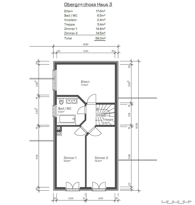 Floor plan of the upper floor of House 3, showing a bedroom, bathroom, hallway, staircase, and two additional rooms.