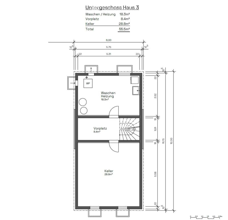 Floor plan of the basement level of House 3, showing a washing/heating area (18.5 m²), a hallway (8.4 m²), and a cellar (28.8 m²).
