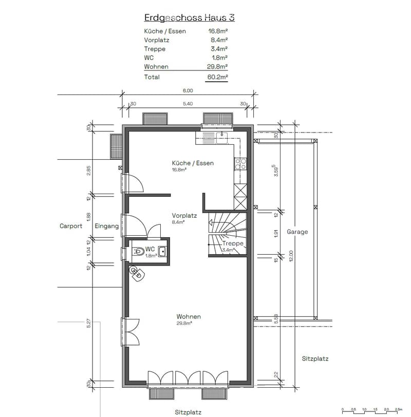 Ground floor floor plan of House 3, including kitchen/dining area, entrance, WC, living area, staircase, carport, and garage.