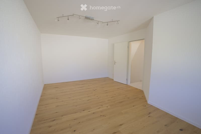 Empty room with light wooden flooring and white walls, featuring a track light fixture on the ceiling and an open doorway leading to another space.
