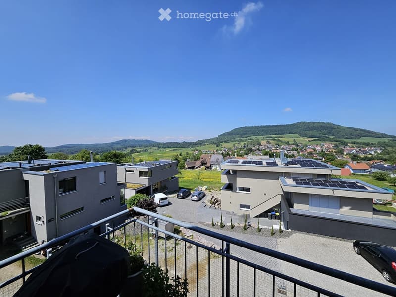 Balcony overlooking a suburban neighborhood with modern houses, solar panels, and a scenic hill in the background.