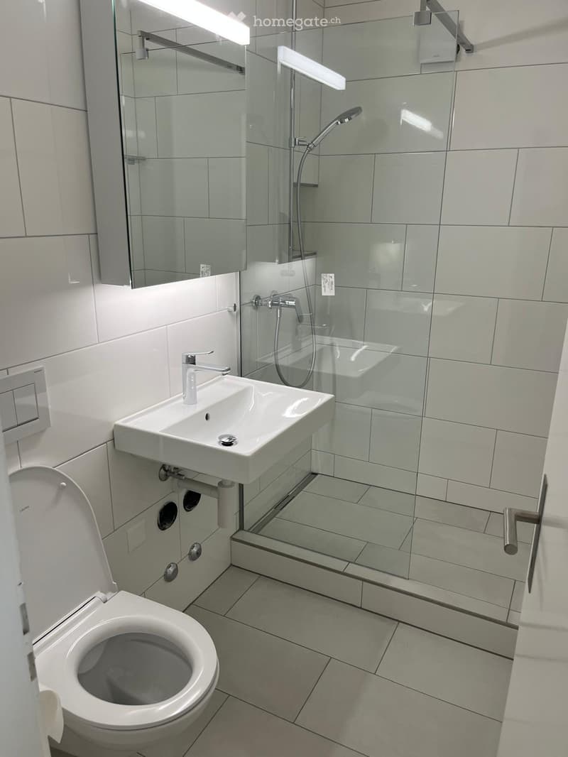small bathroom with toilet, sink, shower enclosure, mirror, white tile flooring