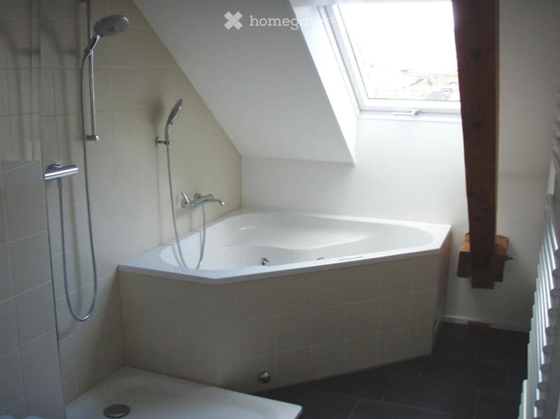 Modern bathroom with a corner bathtub, showerhead, and a skylight window above the tub.