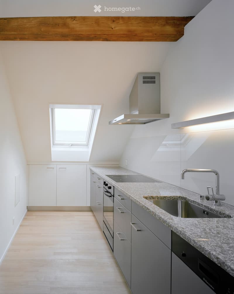 Modern kitchen with white cabinets, granite countertop, stainless steel sink and faucet, built-in oven, and range hood. Features a skylight window and wooden flooring.
