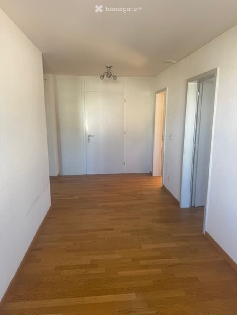 Empty hallway with wooden flooring, white walls, and a ceiling light fixture. Two doors are visible, one leading to an open space.