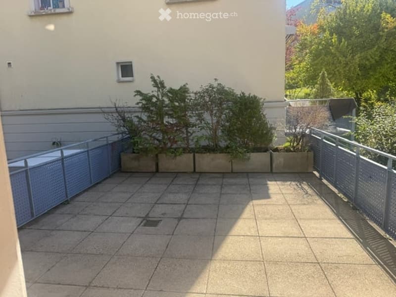 Balcony with tiled floor, metal railing, and several potted plants arranged along the edge.