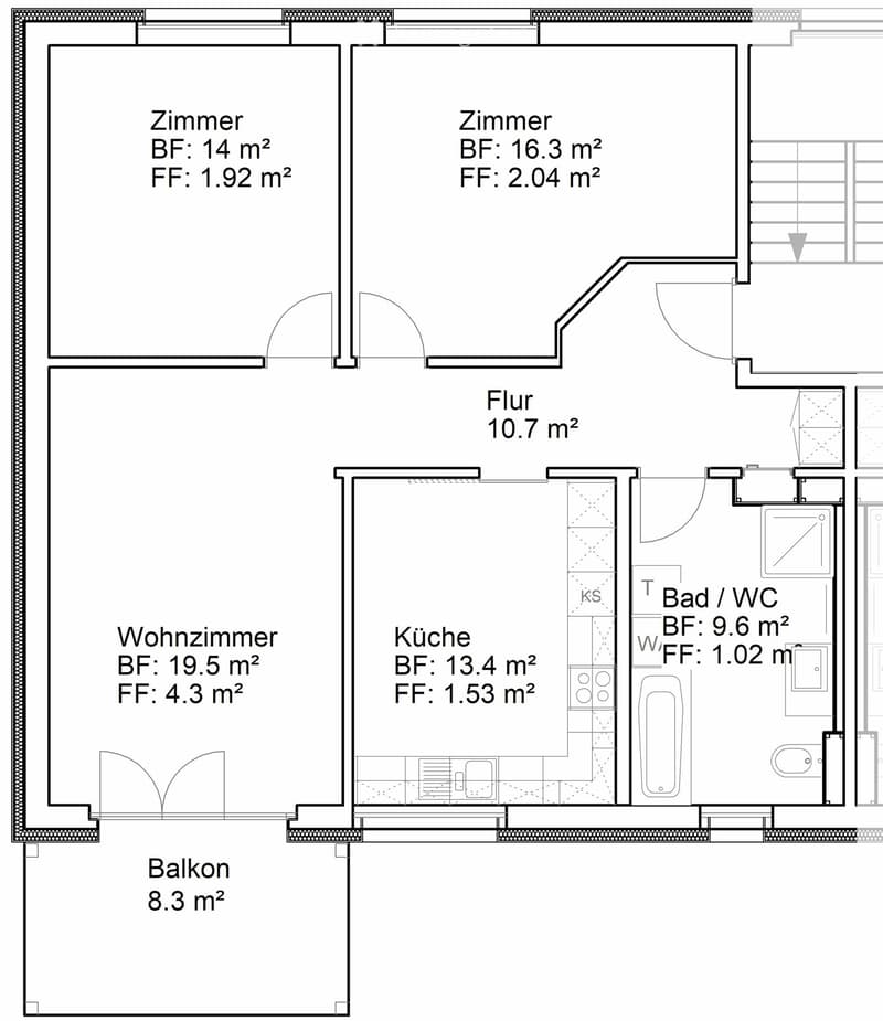Floor plan showing a living room, kitchen, two bedrooms, bathroom, hallway, and balcony.