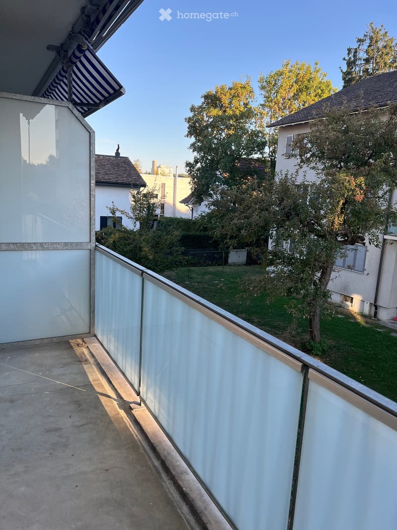 Balcony with a modern glass railing, overlooking a well-maintained garden with trees and neighboring houses.