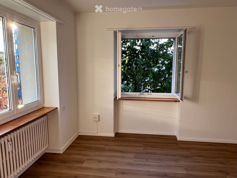 Empty room with light-colored walls, wooden flooring, and two windows with wooden sills. A radiator is visible under one window.