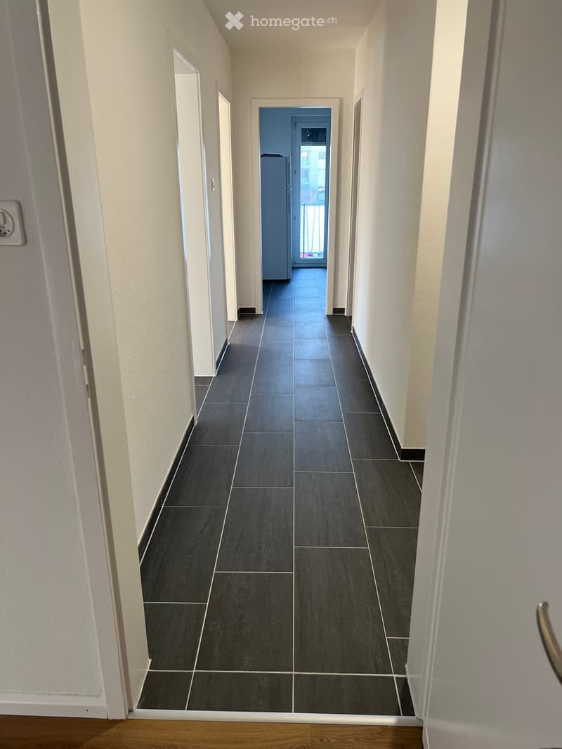 A long, narrow hallway with dark tiled flooring and white walls, featuring several doors and a visible balcony area at the end.