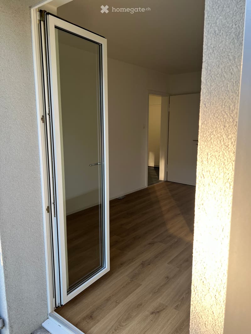 Empty hallway with wooden flooring, white walls, and an open sliding glass door leading outside.