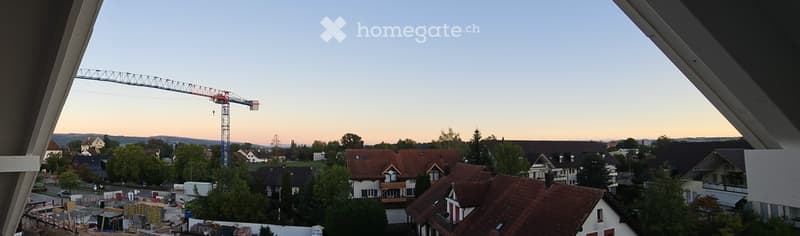 View from a balcony showing a construction site with a crane, several residential houses with red-tiled roofs, and a clear sky during twilight.