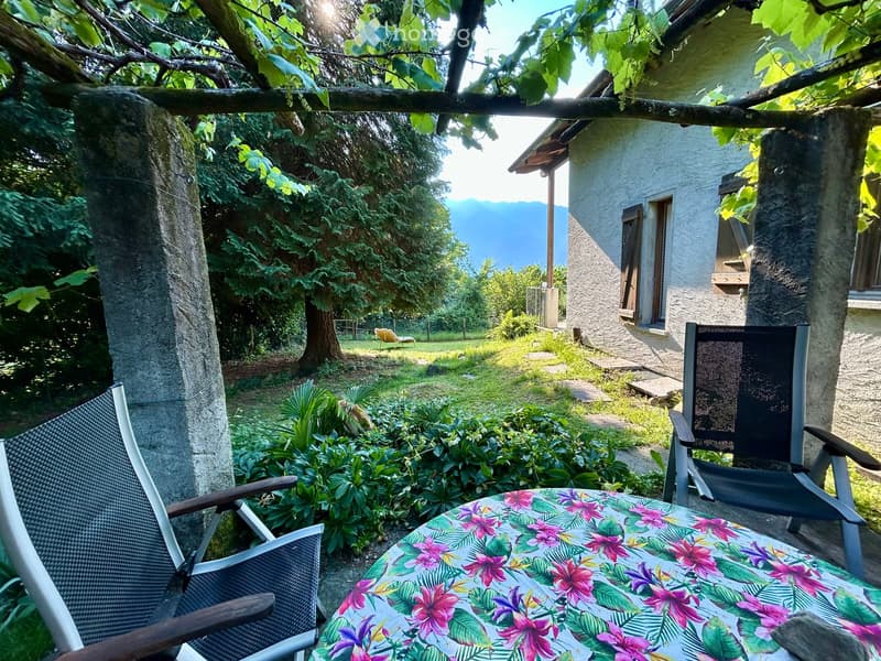 A serene garden area with a table and chairs, surrounded by lush greenery and trees, with a view of mountains in the background.