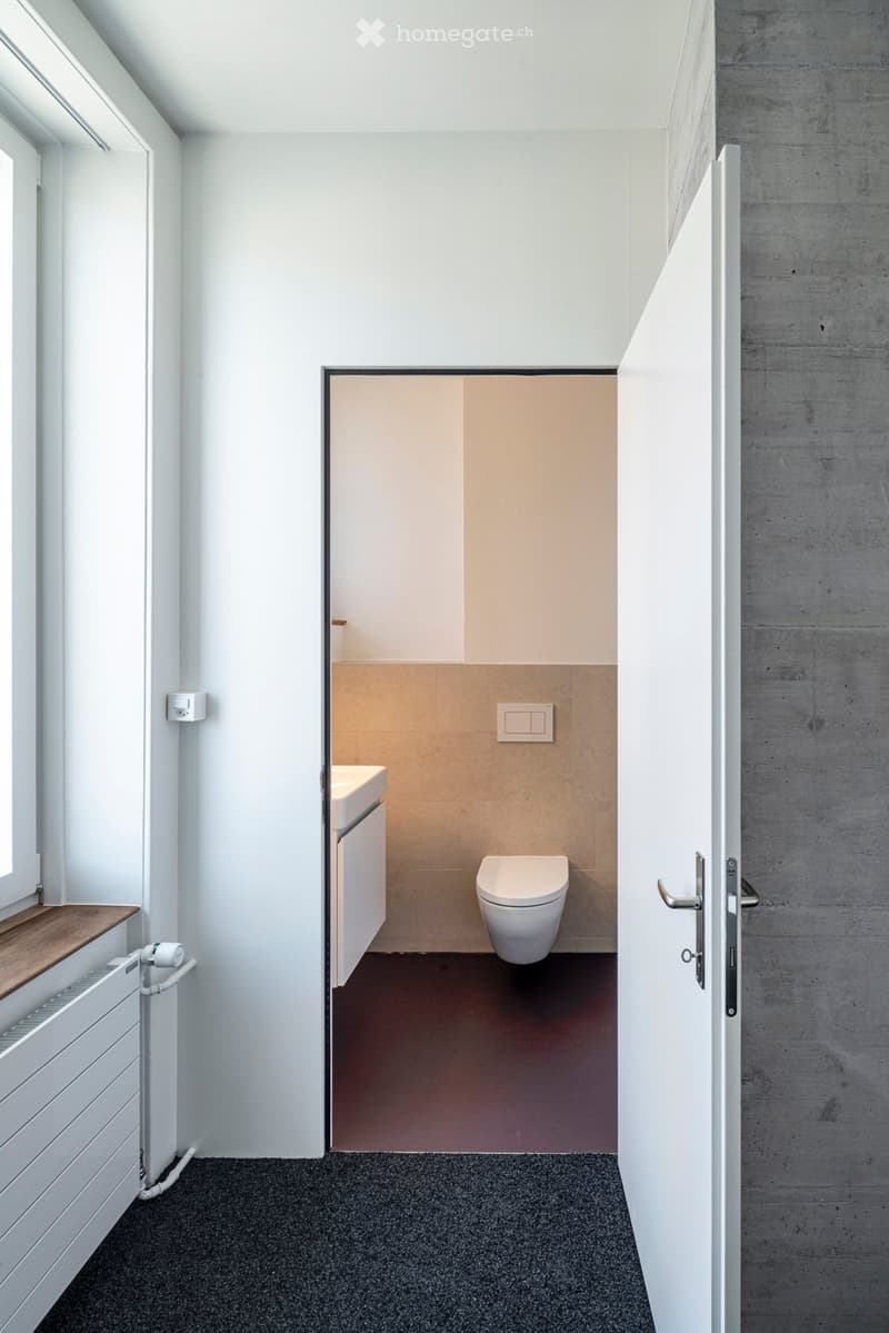 Modern bathroom with white walls, dark flooring, and a visible toilet, sink, and cabinet.