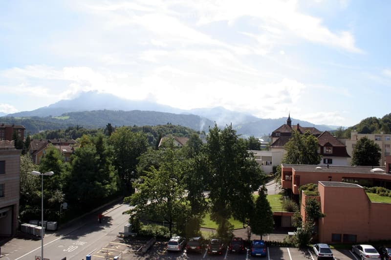 A view of a suburban area with several buildings, trees, and parked cars in a lot. The background features a mountain range under a partly cloudy sky.