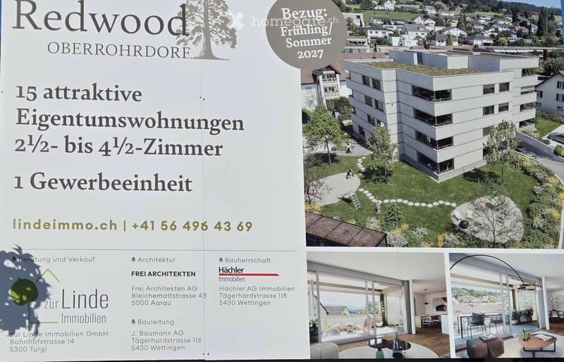 Brochure page for Redwood Oberrohrdorf, featuring a modern multi-story building with balconies and a green roof, surrounded by a landscaped garden. The text highlights 15 attractive condominiums ranging from 2.5 to 4.5 rooms, along with one commercial uni