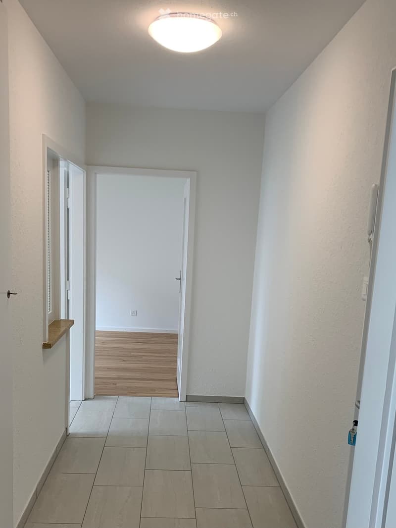 Empty hallway with white walls, tiled floor, wooden floor in the adjacent room, and a ceiling light fixture.