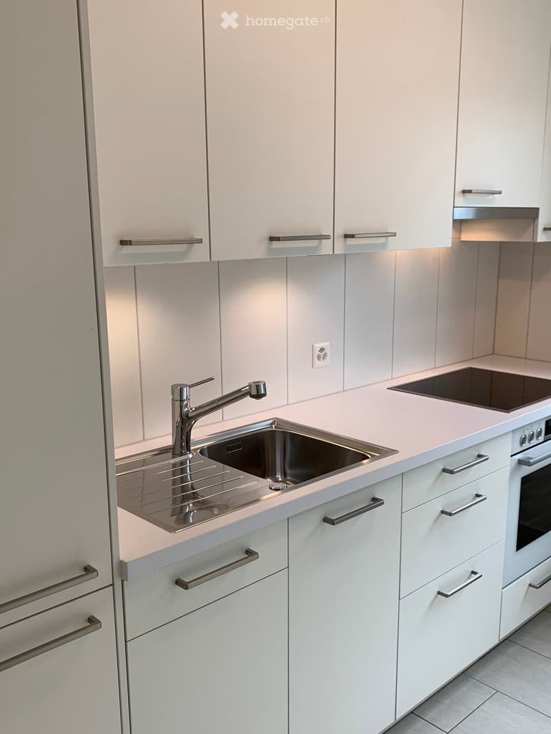 Modern kitchen with white cabinets, stainless steel sink, faucet, and built-in oven and stove.