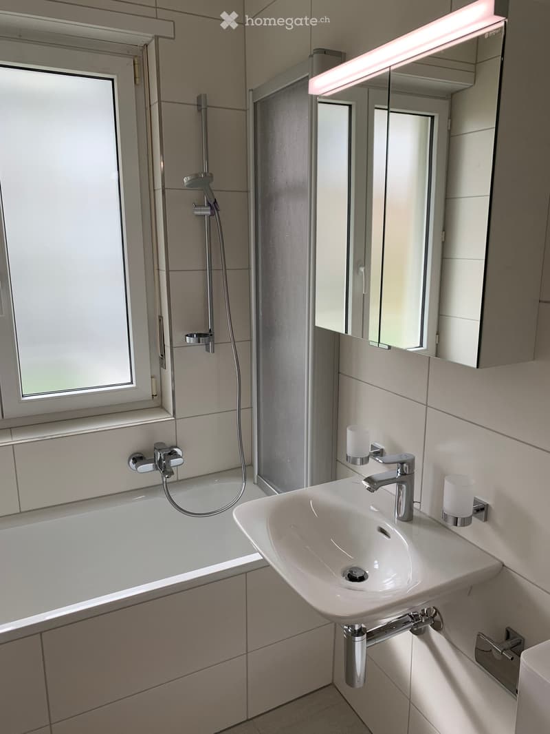Modern bathroom with a white sink, chrome faucet, bathtub, and a large mirror with built-in lighting. The shower area is visible with a modern showerhead and controls.