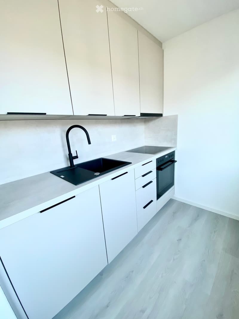 Modern kitchen with white cabinets, a black sink, a sleek faucet, and an oven. The countertops are light grey, and the floor is light wood.
