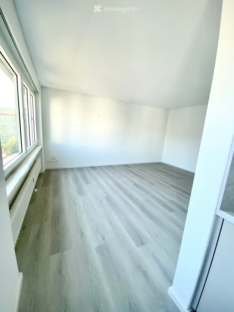 Empty room with light wooden flooring and white walls, featuring large windows on one side and a radiator below them.