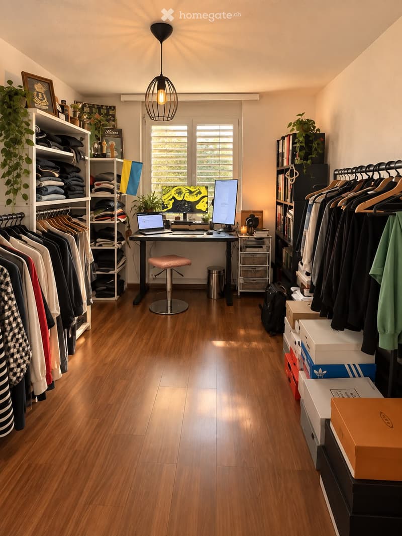 Well-organized room with wooden flooring, large window, desk with laptop, clothing rack, bookshelf, and decorative items.