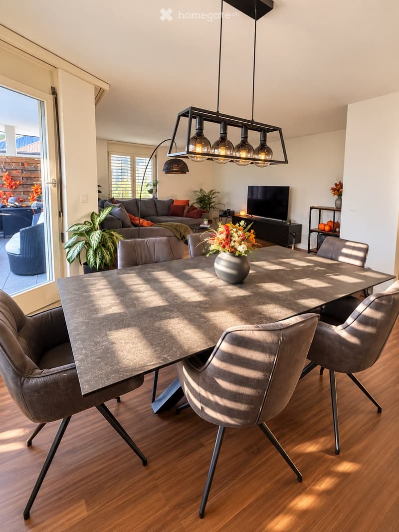 Modern dining and living area with a large dining table, grey chairs, a grey sofa, a television, and decorative plants.