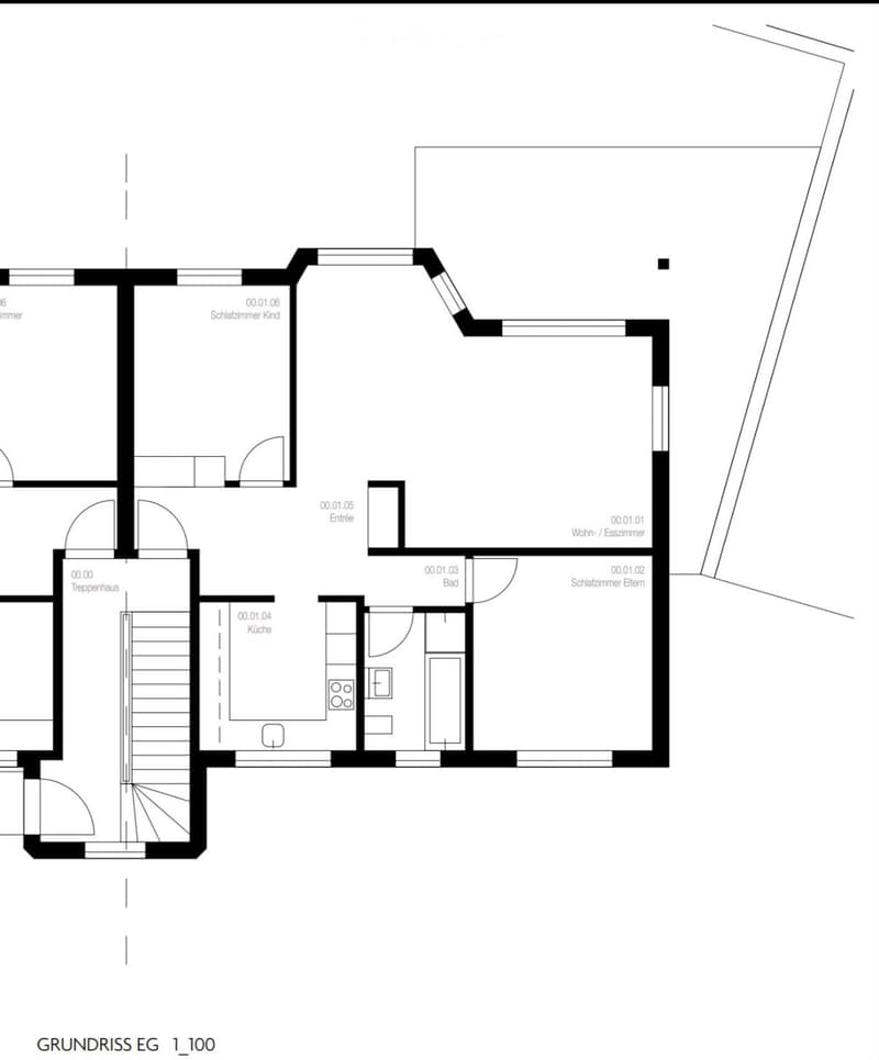 Floor plan of a ground floor showing a living/dining room, kitchen, bathroom, two bedrooms, hallway, and staircase.
