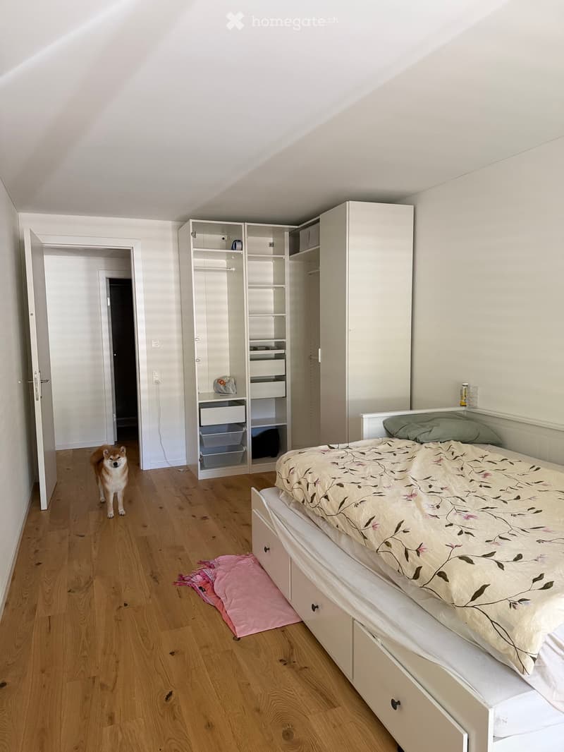 A modern bedroom with a bed, a wardrobe, and a drawer. The room features wooden flooring and white walls.